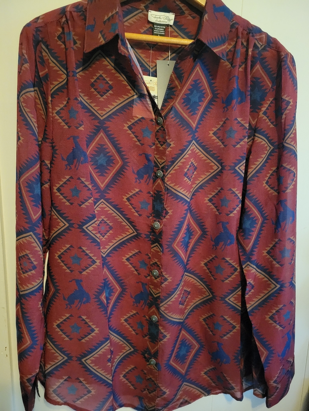NWT Tasha Polizzi Thornwood Blouse Southwestern Geometric Print Burgundy Size L